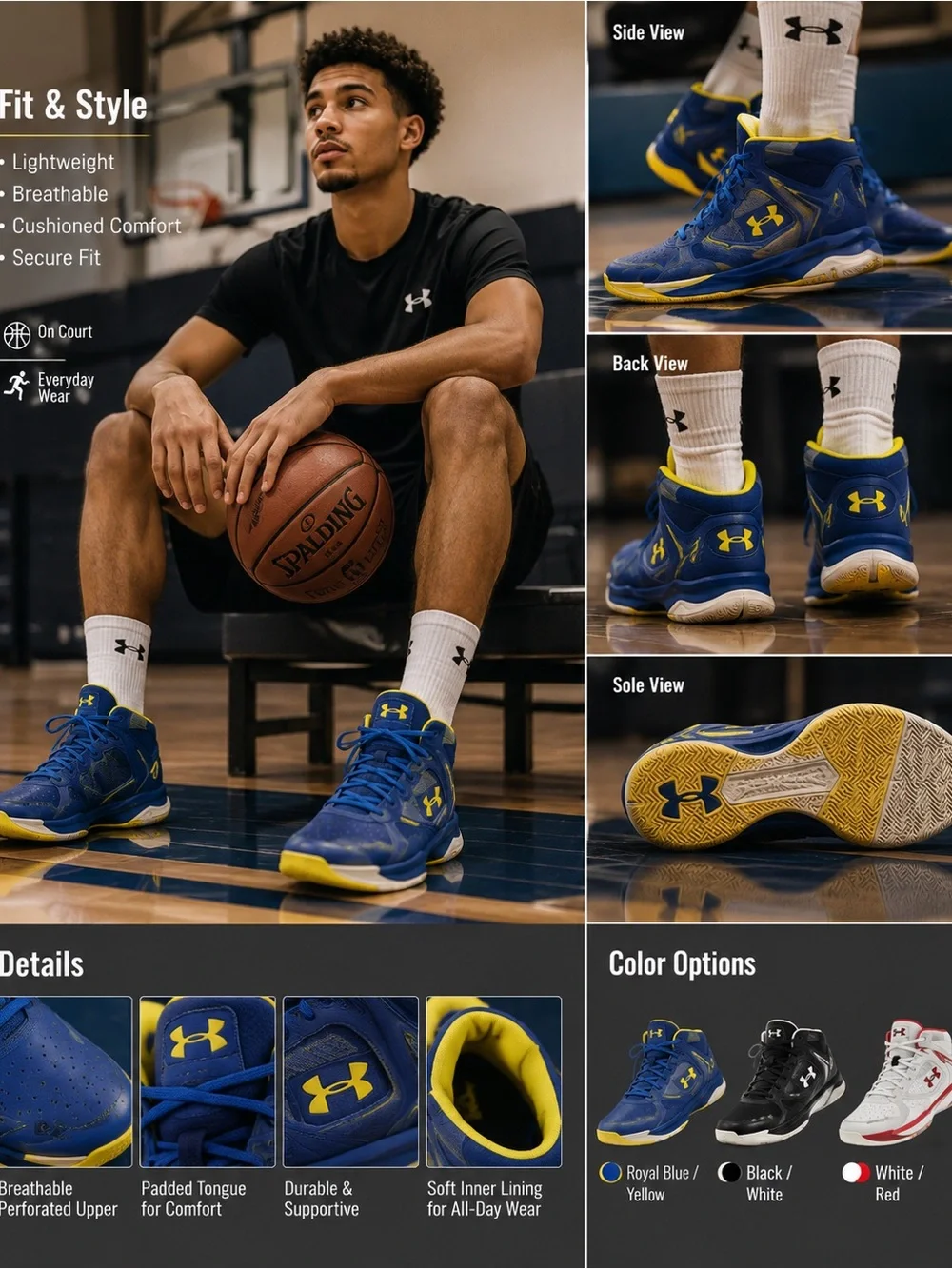 3 pairs of used kids shoes-Nike Kids Blue & Yellow Basketball Sneakers & black